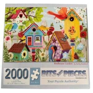 A puzzle of colorful houses and birds in the trees.