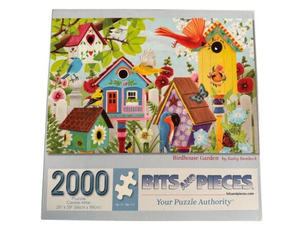 A puzzle of colorful houses and birds in the trees.