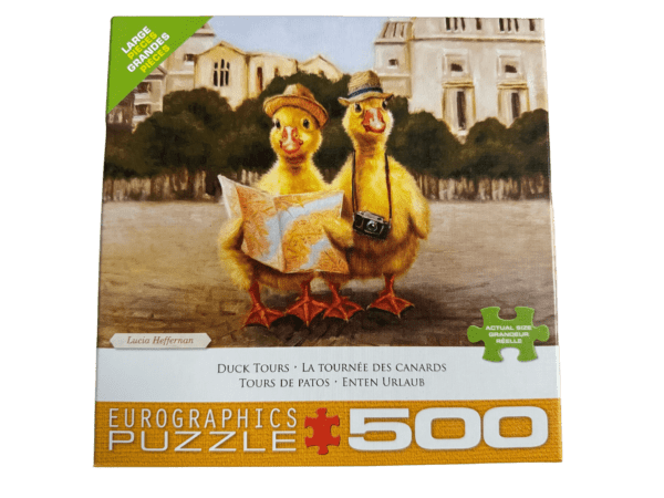 A puzzle of two ducks sitting on the ground.