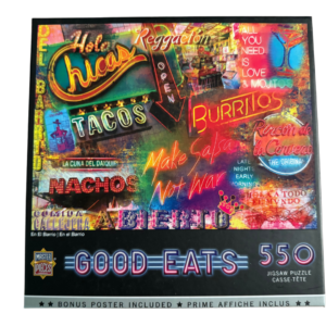 A poster of various mexican food items on display.