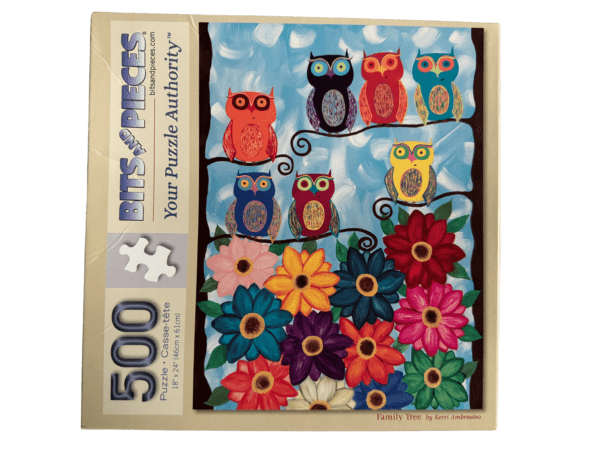 A puzzle with many different owls and flowers.