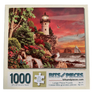 A puzzle of a lighthouse with trees and flowers.