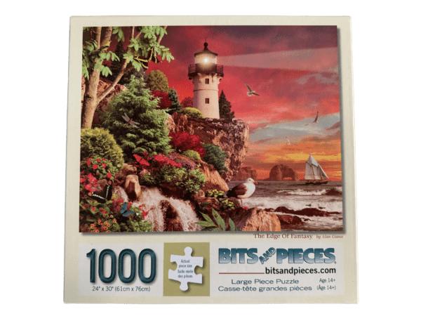 A puzzle of a lighthouse with trees and flowers.