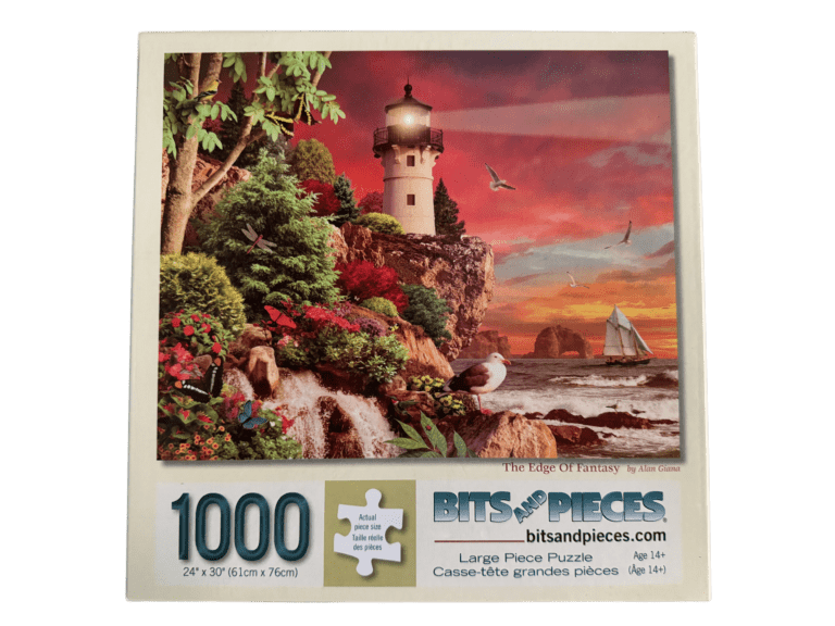 A puzzle of a lighthouse with trees and flowers.