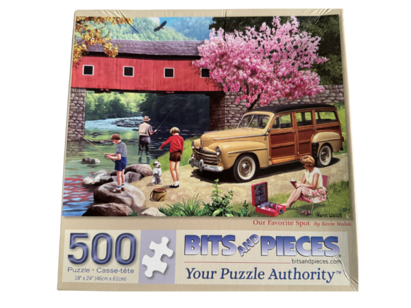 A puzzle with people and an old car.