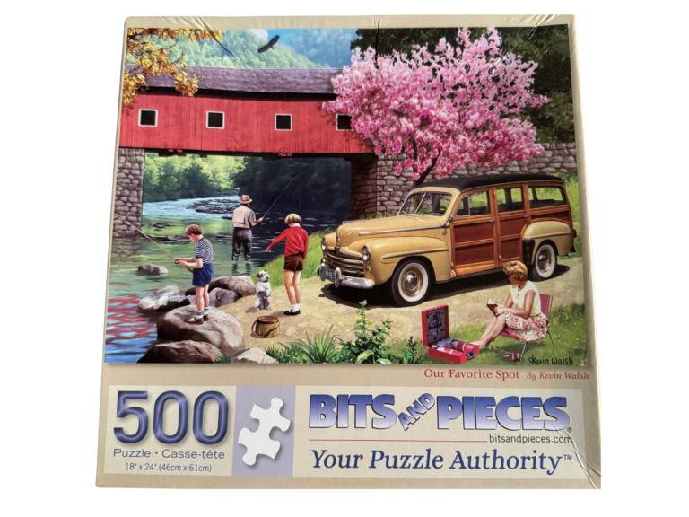 A puzzle with people and an old car.