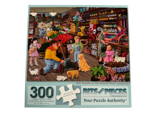 A puzzle with people and animals in the background.