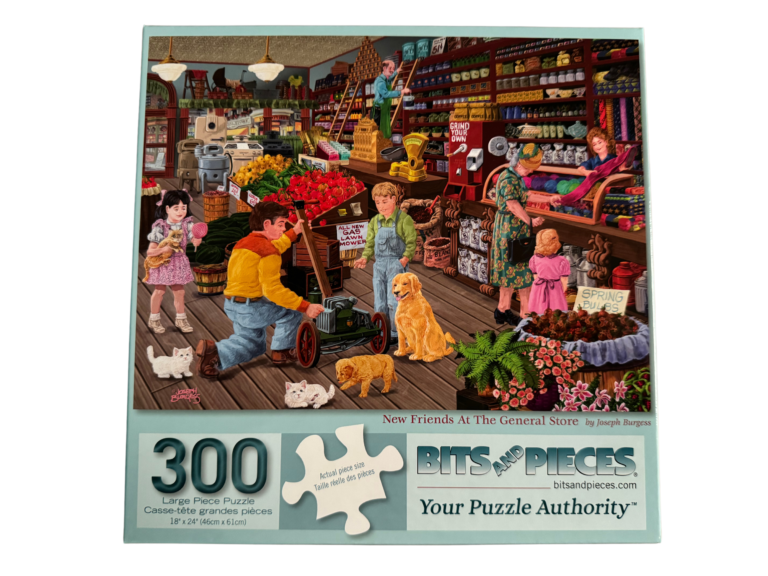 A puzzle with people and animals in the background.