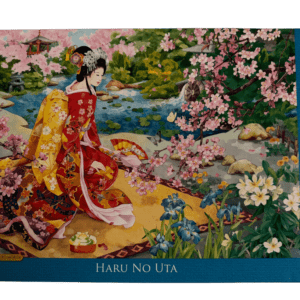 A painting of a geisha in the garden.