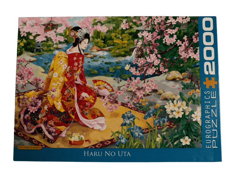 A painting of a geisha in the garden.