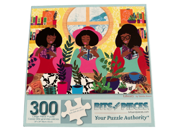 A puzzle with three women sitting on it.