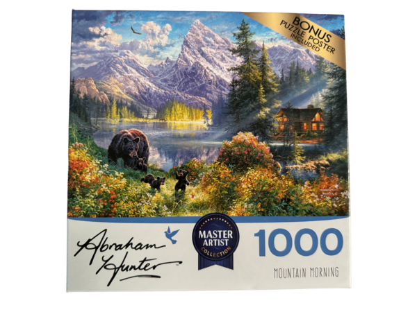 A painting of mountains and trees with a bear in the background.