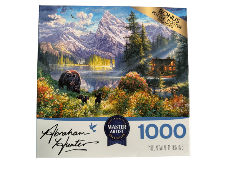 A painting of mountains and trees with a bear in the background.