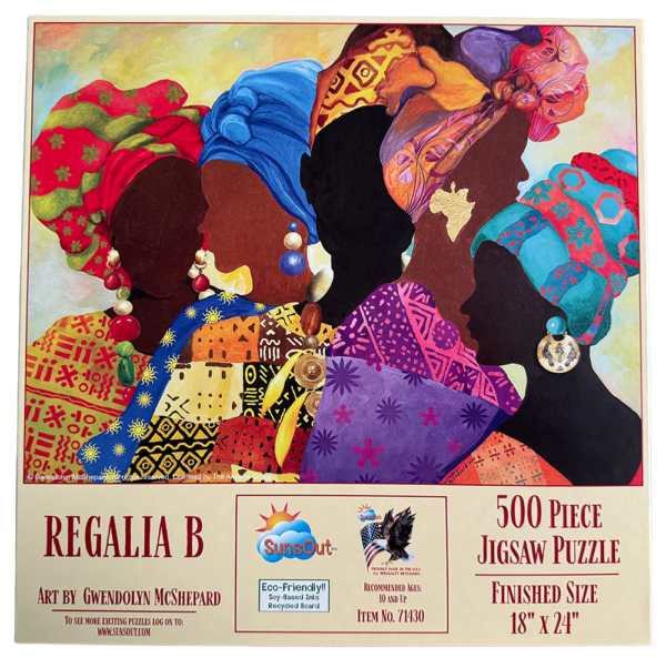 A puzzle of women with colorful headscarves.