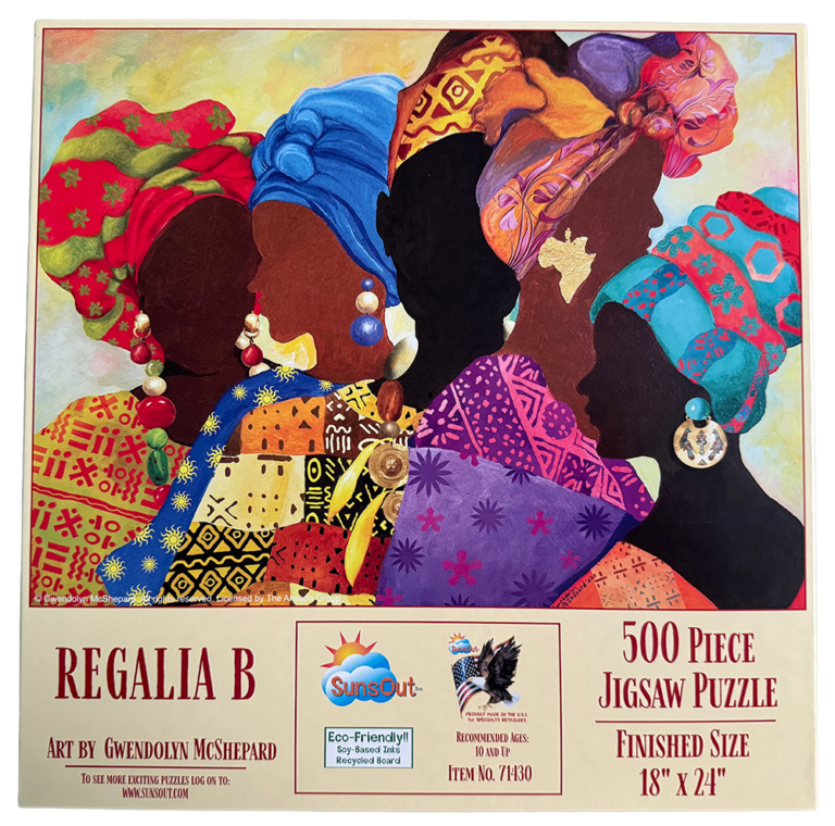 A puzzle of women with colorful headscarves.