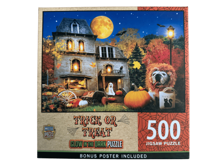 A puzzle with a teddy bear in front of a house.