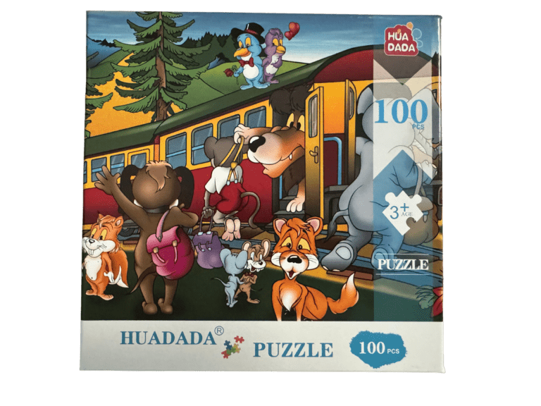 A puzzle of animals and people on the train.