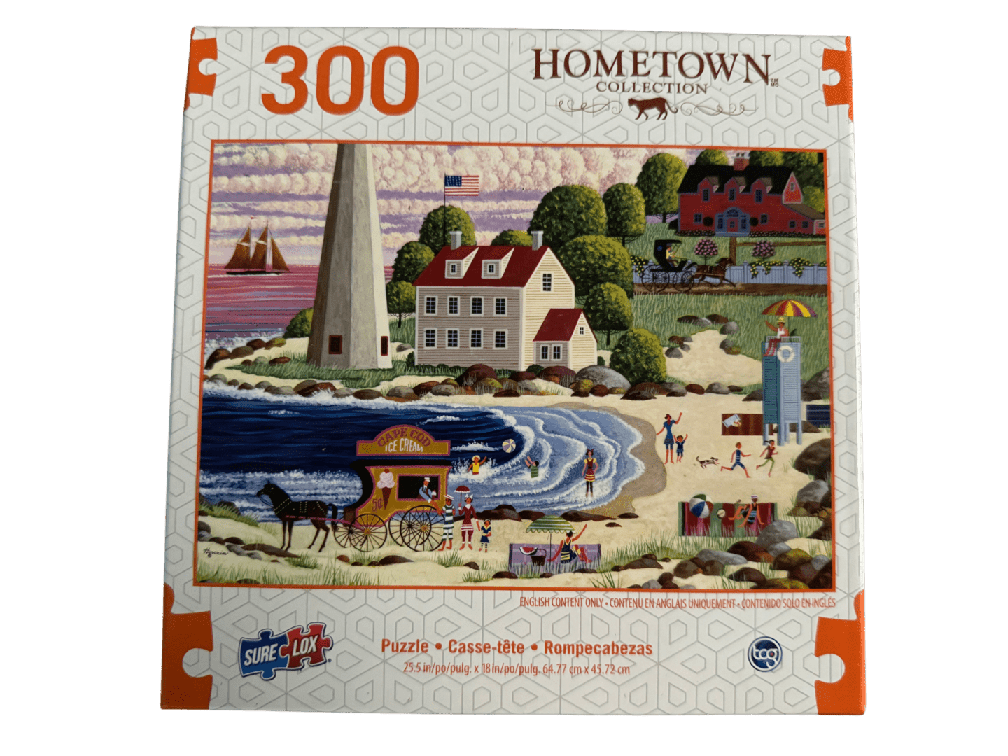 A puzzle of a lighthouse and people on the beach.