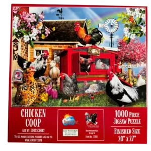 A large puzzle of chickens and their coops.