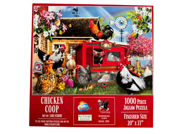 A large puzzle of chickens and their coops.