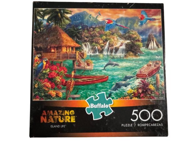 A puzzle of a tropical island with dolphins and flowers.