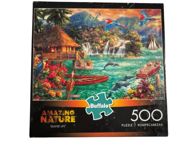 A puzzle of a tropical island with dolphins and flowers.