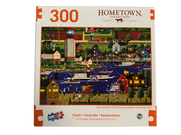 A puzzle of a town with people and boats.