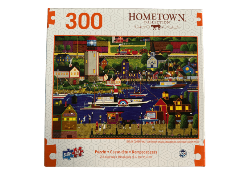 A puzzle of a town with people and boats.