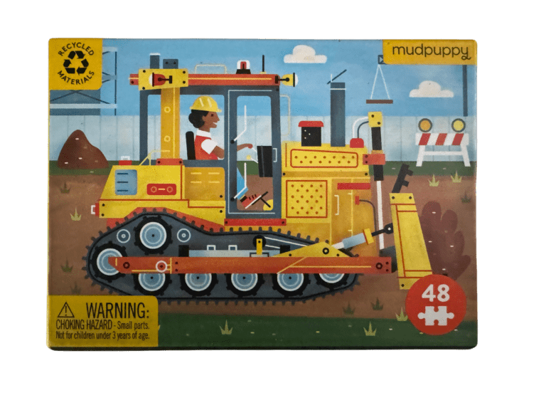 A puzzle of a yellow tractor with a man on it.