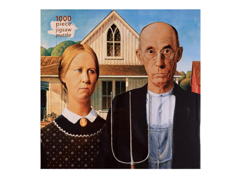 A painting of an old man and woman in front of a house.