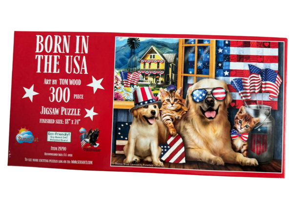 A puzzle of dogs sitting in front of the american flag.