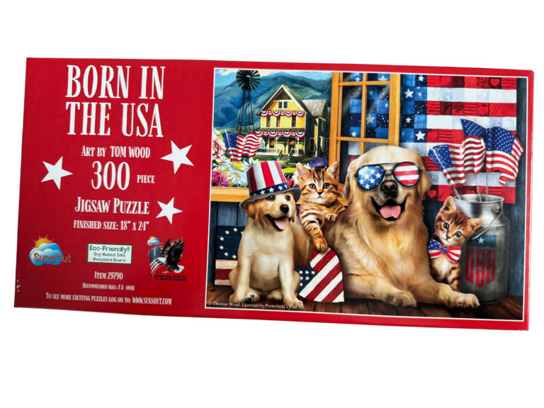 A puzzle of dogs sitting in front of the american flag.