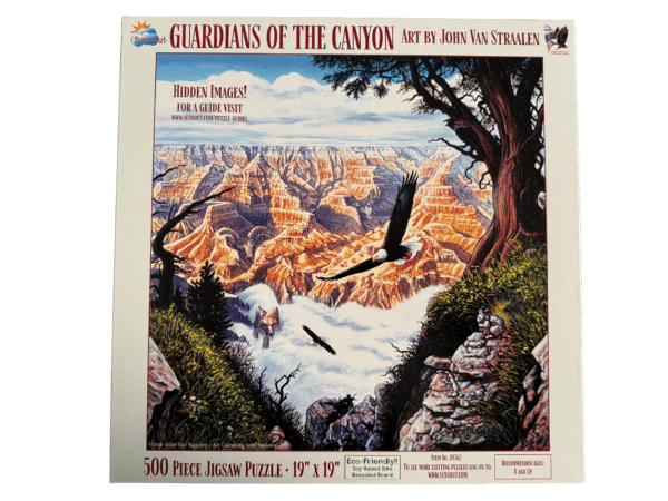 A painting of the grand canyon with an eagle flying over it.