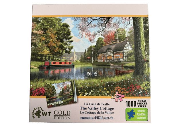 A puzzle of a house and pond with trees.