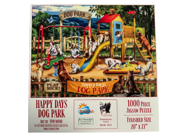 A puzzle of dogs playing in the park.