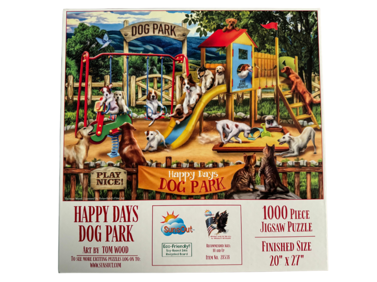 A puzzle of dogs playing in the park.