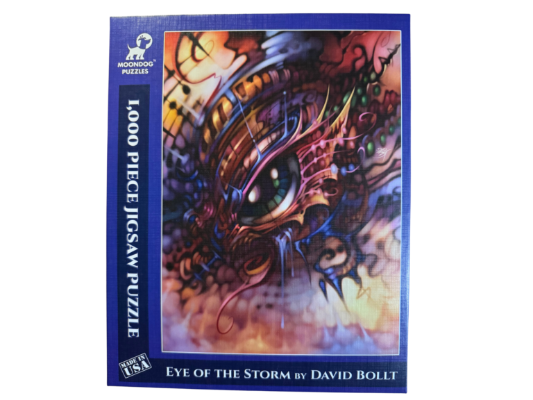 A blue and purple puzzle box with an eye of the storm on it.