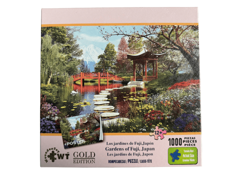 A puzzle of a garden with flowers and trees.