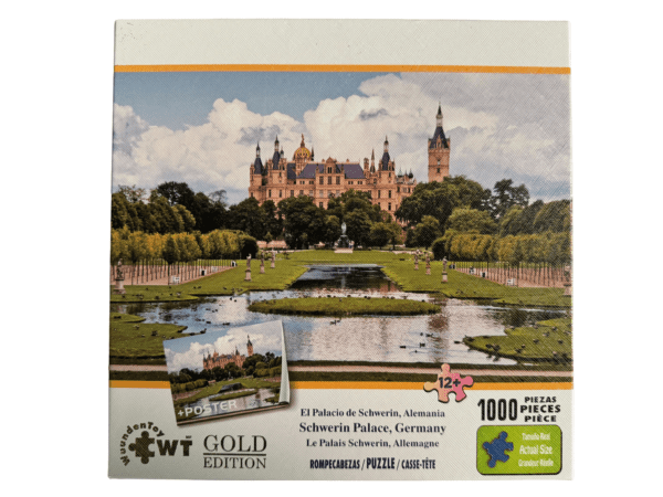 A puzzle of an old castle with a pond in the foreground.