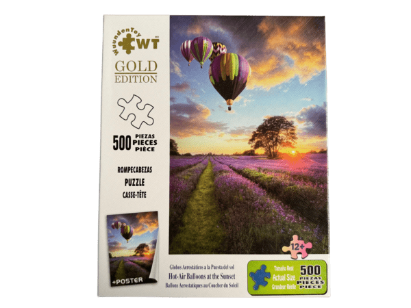 A puzzle of a hot air balloon flying over lavender fields.