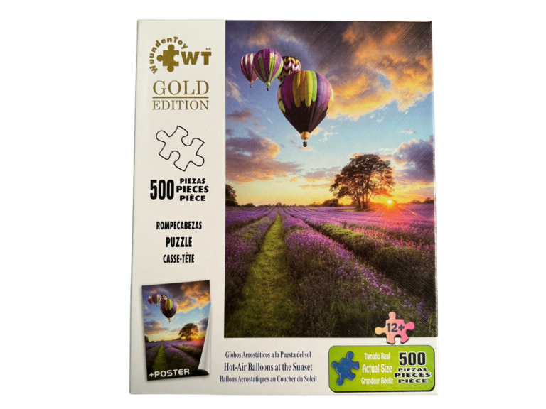 A puzzle of a hot air balloon flying over lavender fields.