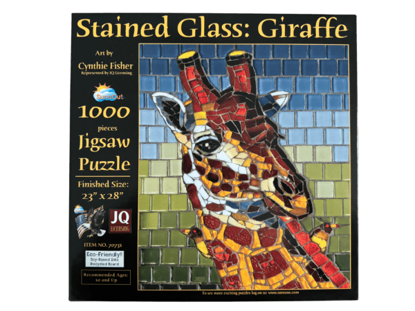 A giraffe is shown in front of a mosaic background.