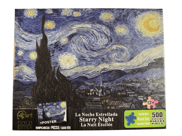 A puzzle of the starry night by vincent van gogh.