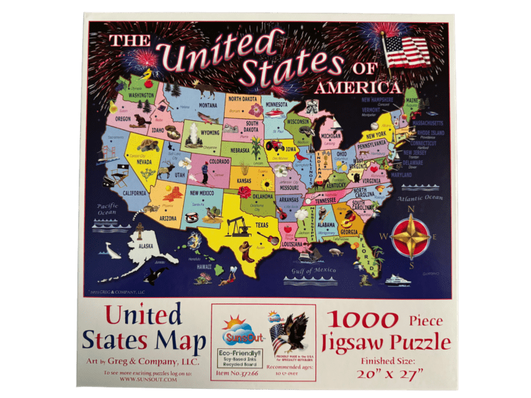 A puzzle of the united states map and features.