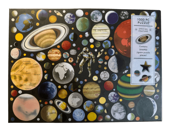 A collage of planets and space with a map on the back.