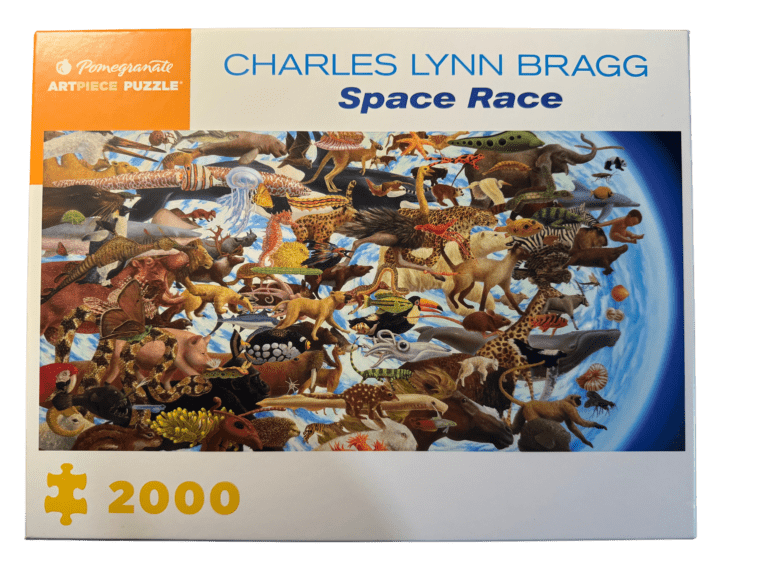 A puzzle of the space race with many different animals.