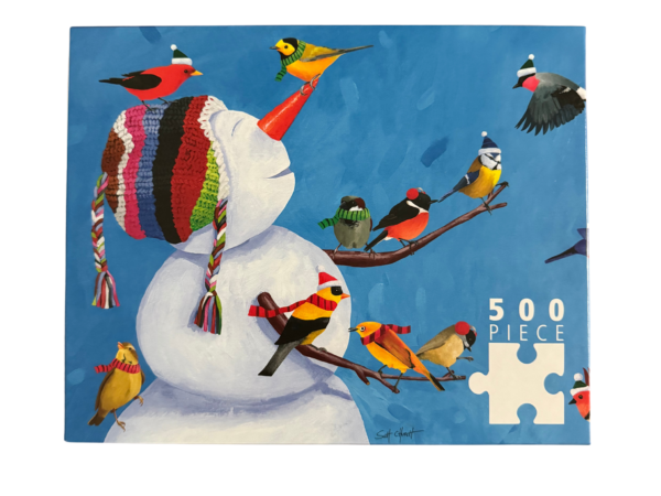 Snowman puzzle with birds in hats