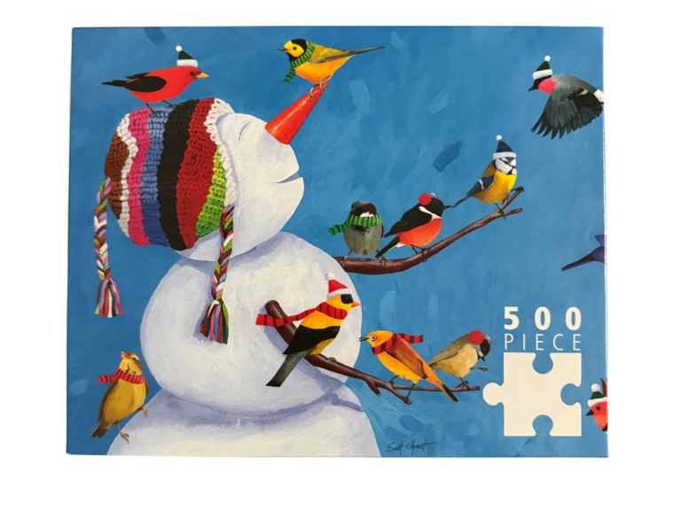 Snowman puzzle with birds in hats