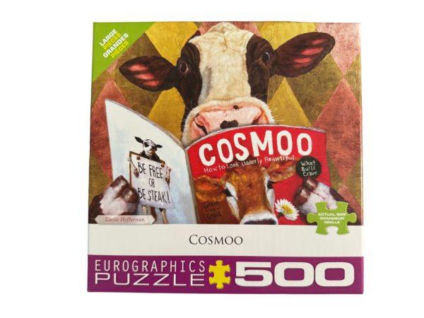 Cow reading a magazine with "COSMOO" on the cover.