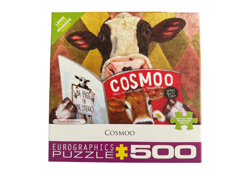 Cow reading a magazine with "COSMOO" on the cover.